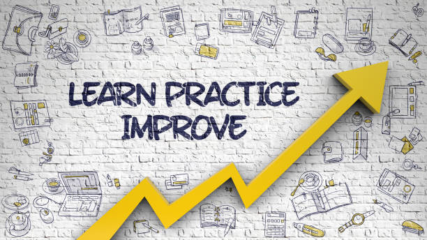Learn Practice Improve Drawn on White Wall Learn Practice Improve Drawn on White Wall. Illustration with Doodle Icons. Learn Practice Improve Inscription on Modern Illustation. with Orange Arrow and Doodle Design Icons Around. practicing stock pictures, royalty-free photos & images