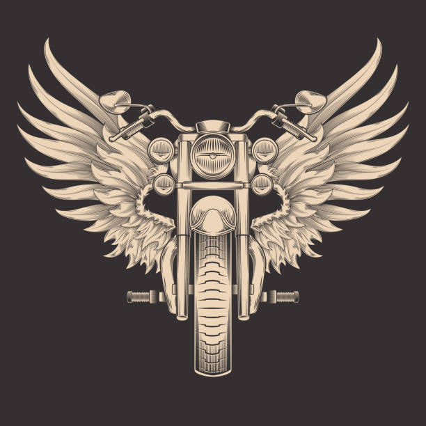 Vector monochrome illustration of motorcycle with wings. Vector monochrome illustration of motorcycle with wings. Design element for the advertising poster, sketch for the tattoo, print for the t-shirts motorcycle drawings stock illustrations
