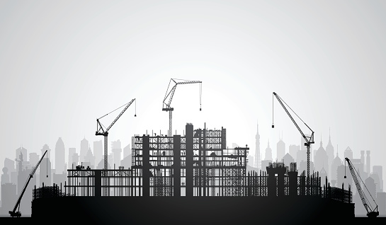 Scaffolding silhouette. Buildings and cranes are complete.