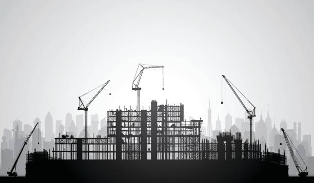 Scaffolding (Buildings and Cranes are Complete) Scaffolding silhouette. Buildings and cranes are complete. construction buildings silhouette stock illustrations