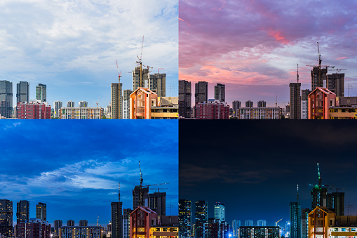4 Moments of Day to Night View of Construction site in Downtown Singapore skyline with dramatic clouds