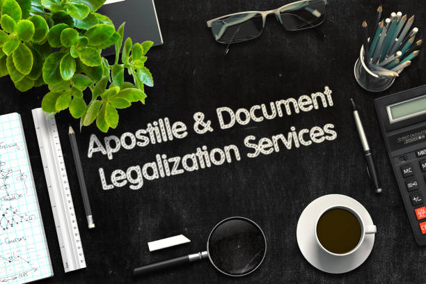 Business Concept. 3D Render Apostille and Document Legalization Services Concept on Black Chalkboard. 3d Rendering. Toned Illustration. beatification stock pictures, royalty-free photos & images
