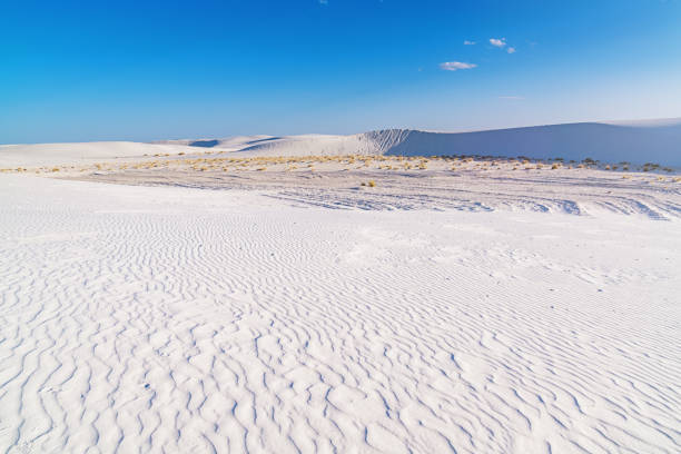 New Mexico White Sands National Monument Desert Dunes. View over beautiful white sandy desert dunes of White Sands National Monument to the horizon under blue summer sky., New Mexico, USA.