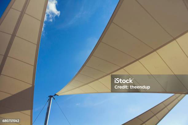 Bottom View Of Triangle Shaped Big Sun Shades And Clear Blue Sky In The Background In Bodrum Which Is Aegean Coastal City Of Turkey Stock Photo - Download Image Now