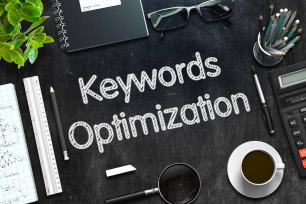 Black Chalkboard with Keywords Optimization. 3D Rendering stock photo