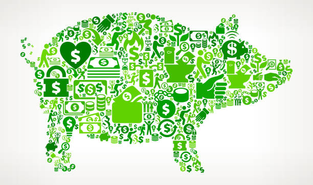 свинья деньги и финансы зеленый вектор значок фон - coin piggy bank coin bank bill stock illustrations