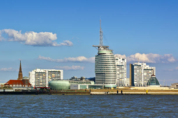 Waterfront and skyline of Bremerhaven with shopping mall, hotel, church stock photo