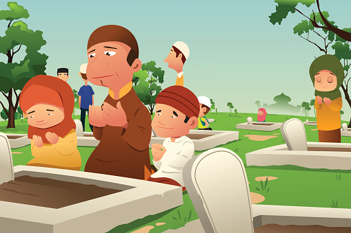 A vector illustration of Muslims Visiting and Praying at Cemetery