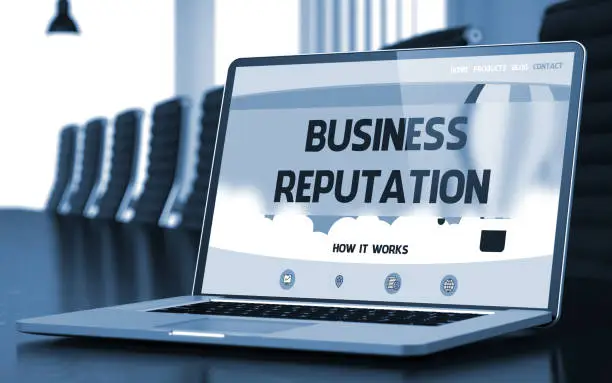 Photo of Business Reputation - on Laptop Screen. Closeup. 3D