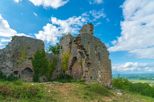 Ruins of a medieval castle near Döbrönte on a sunny day in springtime.