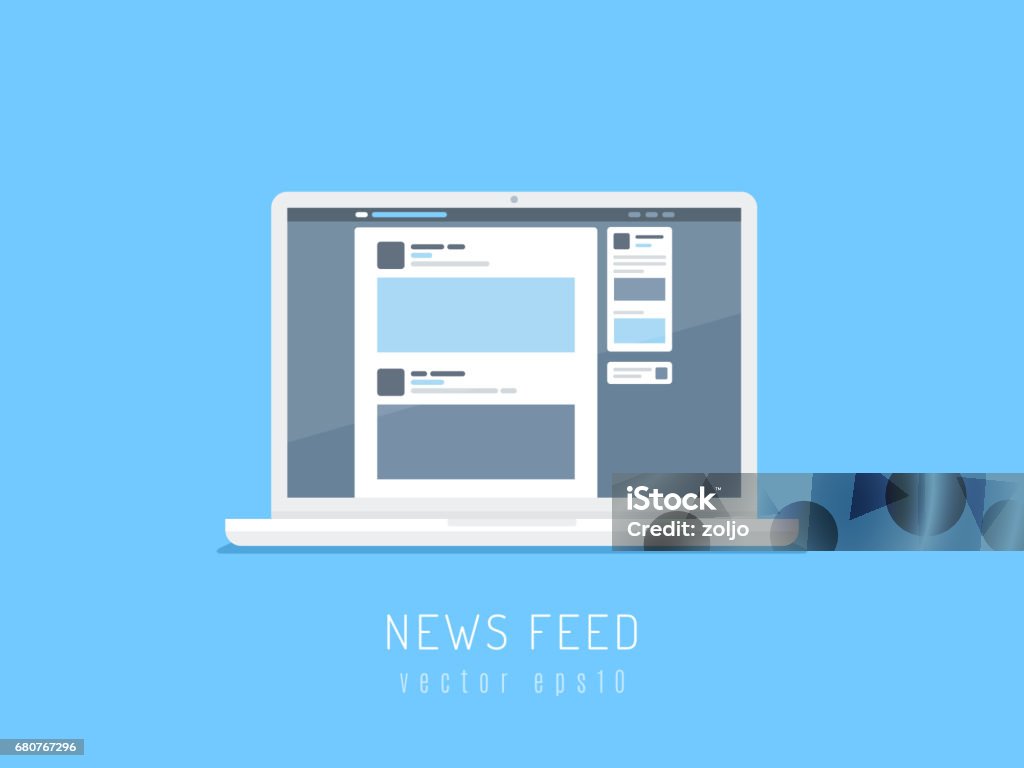News Feed White laptop computer showing social network news feed on the screen. Vector illustration in flat style. Social Media stock vector