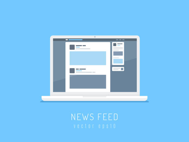 News Feed White laptop computer showing social network news feed on the screen. Vector illustration in flat style. feeding illustrations stock illustrations