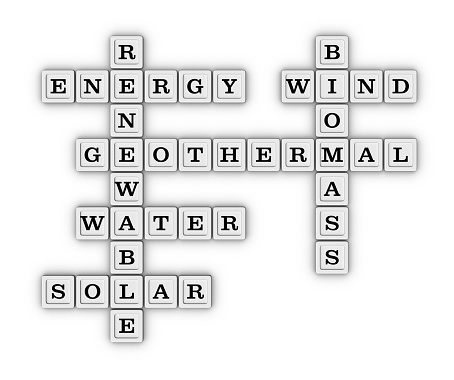 Renewable Energy Sources crossword puzzle. 3D illustration on white background.