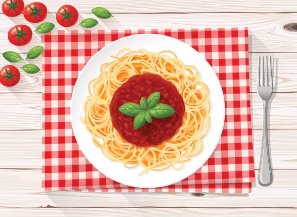 illustrazioni stock, clip art, cartoni animati e icone di tendenza di spaghetti alla pasta italiana al sugo di pomodoro e basilico fresco - ragù