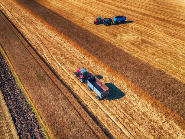 istock Tractor cultivating field at spring, aerial view 680775730