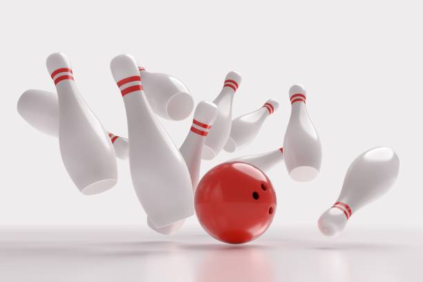 istock 3D rendered illustration of bowling ball knocking down pins (Strike). White background. 680779206