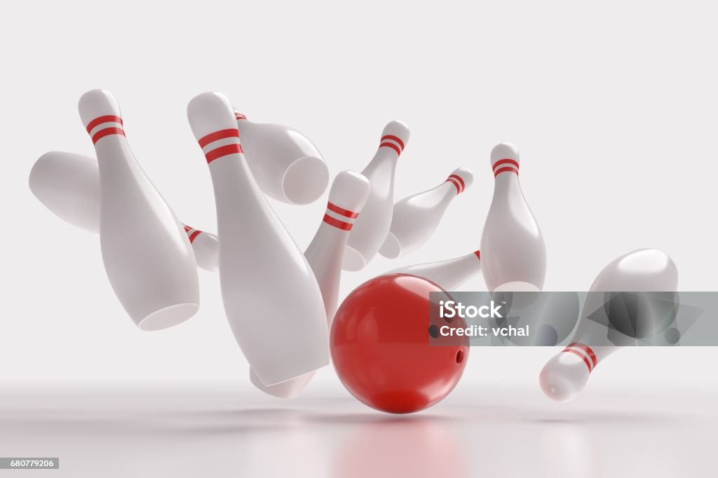 3D rendered illustration of bowling ball knocking down pins (Strike). White background. Backgrounds stock illustration