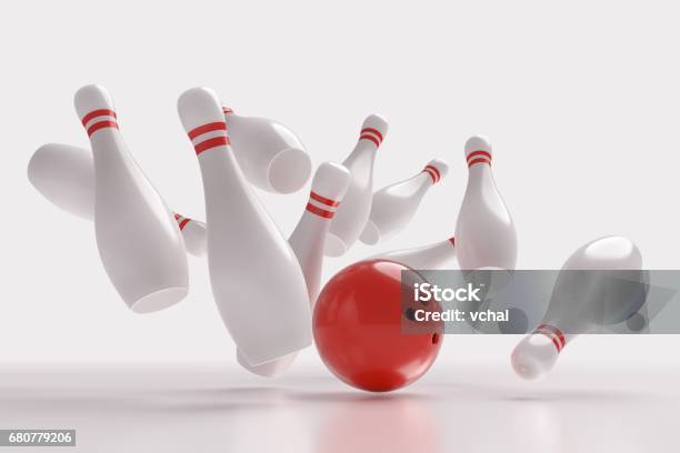 3d Rendered Illustration Of Bowling Ball Knocking Down Pins White Background Stock Illustration - Download Image Now