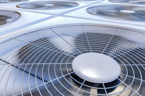 tampilan close up pada unit hvac (pemanasan, ventilasi, dan ac). ilustrasi yang dirender 3d. - kulkas peralatan ilustrasi stok