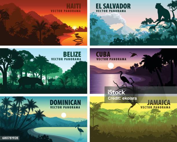 Vector Set Of Panorams Countries Of Caribbean And Central America Haiti Jamaica Dominicana Cuba El Salvador Belize Stock Illustration - Download Image Now