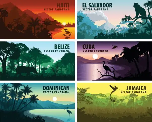 Vector illustration of vector set of panorams countries of caribbean and Central America - Haiti, Jamaica, Dominicana, Cuba, El Salvador, Belize.