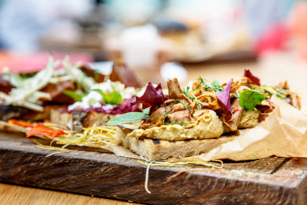 istock Bruschetta with fried faces with cheese and vegetables 680782070