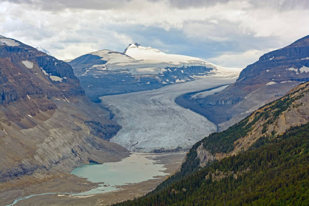 The Saskatchewan Glacier and its valley The Saskatchewan Glacier and its valley in the Jasper National Park in Alberta, Canada saskatchewan glacier stock pictures, royalty-free photos & images