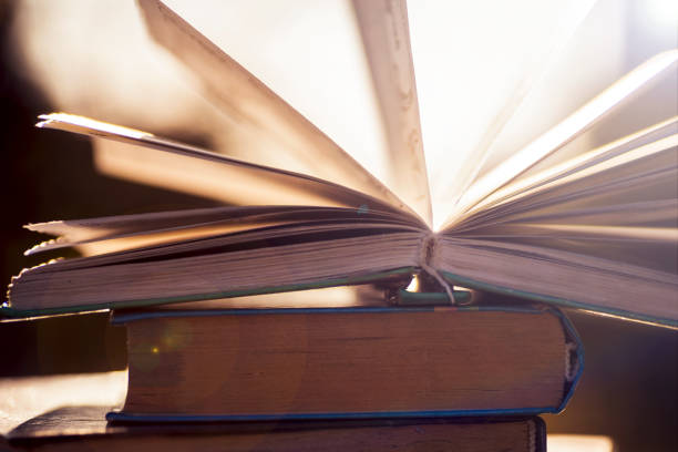 istock Open book on wooden table on natural background. Soft focus 680789476