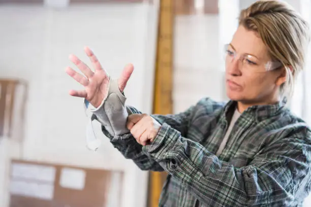 Photo of Woman working in factory putting brace on wrist