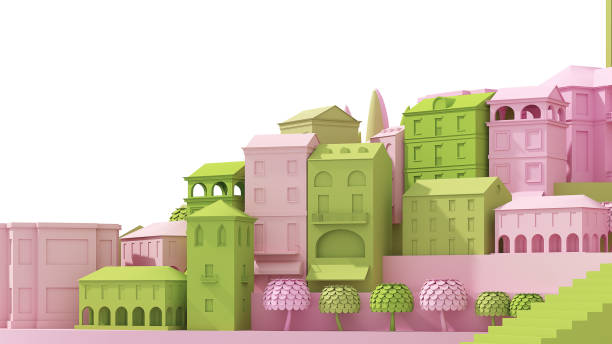 istock Mini toy Old city concept pink and green isolated on white, 3d rendering 680792828