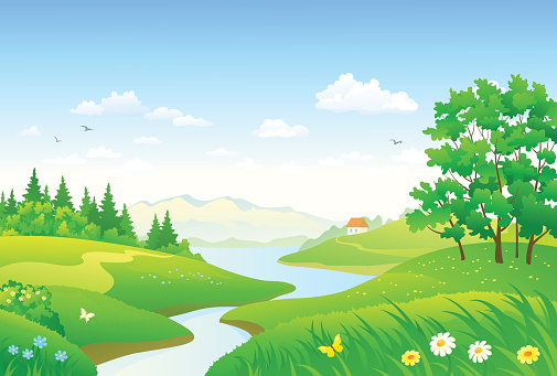 Vector cartoon drawing of a beautiful forest river, horizontal landscape panorama
