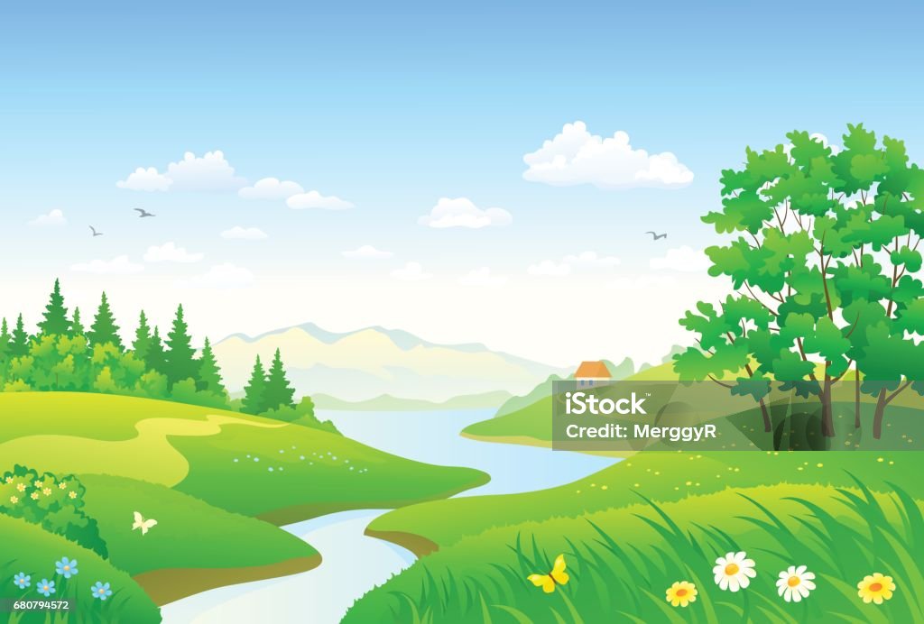 Green Forest And River Stock Illustration - Download Image Now - River,  Stream - Body of Water, Cartoon - iStock