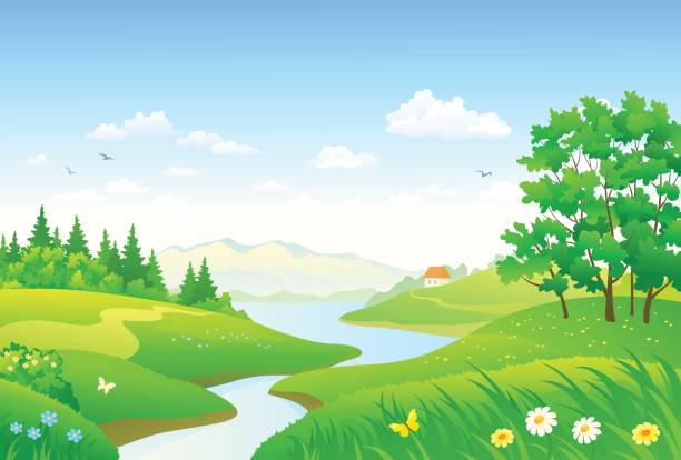 Green forest and river Vector cartoon drawing of a beautiful forest river, horizontal landscape panorama spring flower mountain landscape stock illustrations