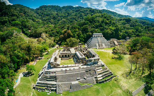 Aerial view of the Archeological site of Palenque in Chiapas. Mexico.