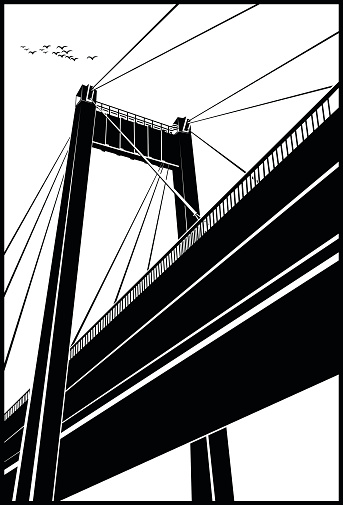 Stylized vector illustration of a large cable-stayed bridge in the sun