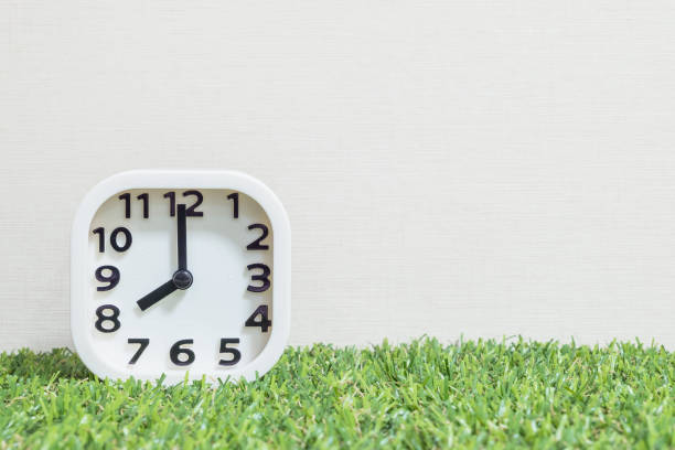 istock Closeup white clock for decorate in 8 o'clock on green artificial grass floor and cream wallpaper textured background with copy space 680819238