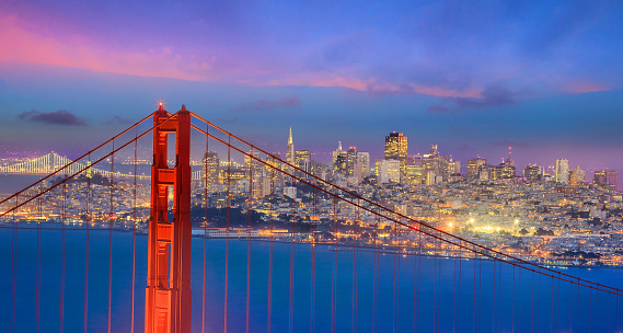 Golden Gate Bridge and downtown San Francisco at twilight