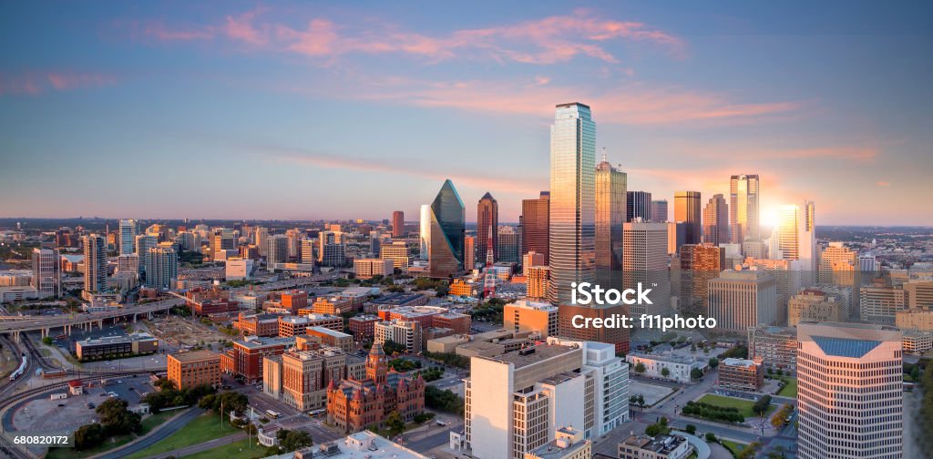 Dallas, Texas cityscape with blue sky at sunset Dallas, Texas cityscape with blue sky at sunset in USA Dallas - Texas Stock Photo