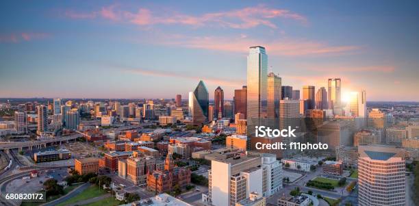 Dallas Texas Cityscape With Blue Sky At Sunset Stock Photo - Download Image Now - Dallas - Texas, Urban Skyline, Cityscape