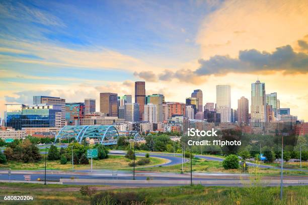 Panorama Of Denver Skyline At Twilight Stock Photo - Download Image Now - Denver, Colorado, Landscape - Scenery