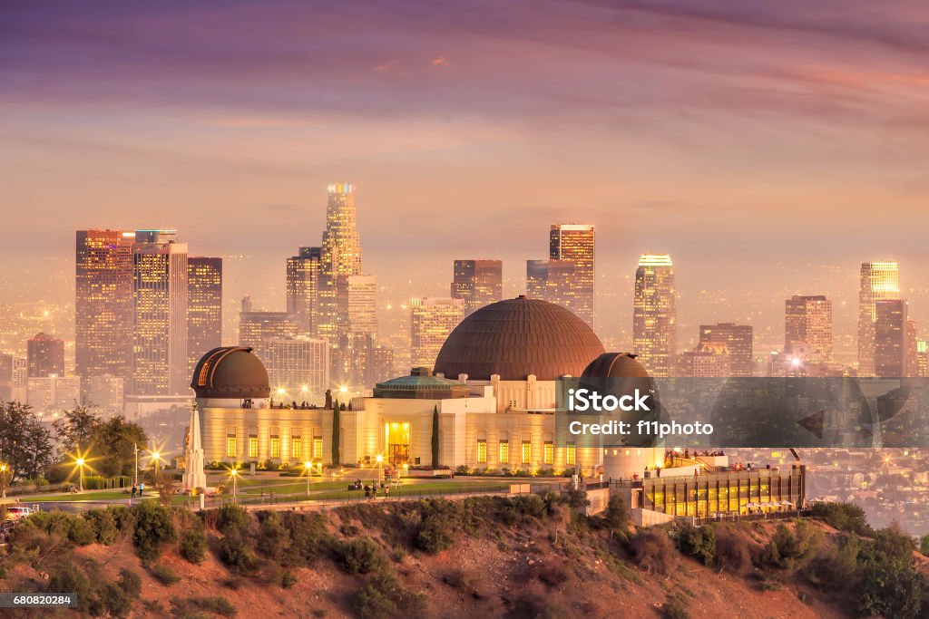 The Griffith Observatory and Los Angeles city skyline at twilight The Griffith Observatory and Los Angeles city skyline at twilight CA Architecture Stock Photo