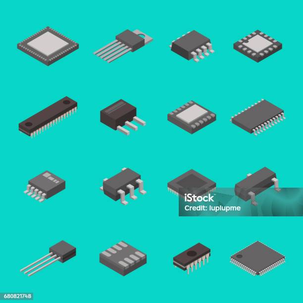 隔離されたマイクロ チップ半導体電子部品等尺性のアイコン ベクトル イラスト - 半導体のベクターアート素材や画像を多数ご用意 - 半導体, コンピュータチップ, 投影図