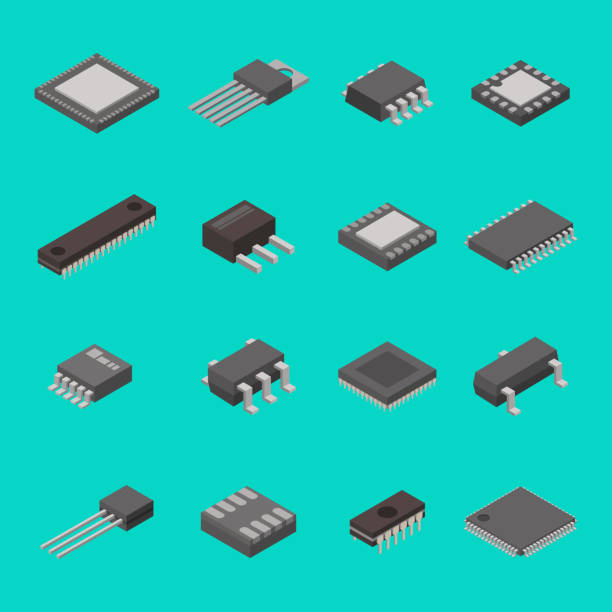 Isolated microchip semiconductor computer electronic components isometric icons vector illustration Isolated microchip semiconductor computer electronic components isometric icons set with circuit board elements. Microprocessors electrolytic capacitors and hardware microchips vector illustration semiconductor stock illustrations