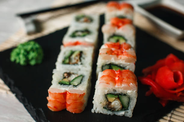 istock Delicious roll set with shrimps. Japanese sushi. 680826912