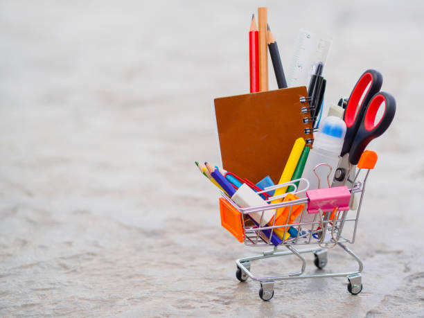 shopping cart with school supply. - watercolor paper flash imagens e fotografias de stock