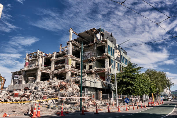 An almost demolished building on the closed area of downtown of Christchurch,  After the earthquake An almost demolished building on the closed area of downtown of Christchurch,  After the earthquake on 22 February 2011 a lot of areas and buildings in the city had to be closed for repair, demolition and rebuilding. christchurch earthquake stock pictures, royalty-free photos & images