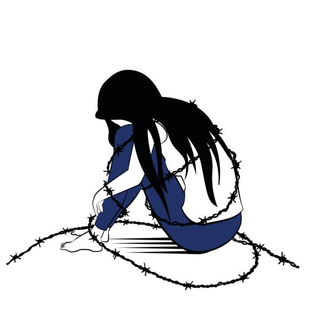 Loney woman in barbed wire Vector illustration drawing in ink sketching style, lonely woman, sad and depression, sitting alone surround with barbed wired, presenting to woman being jailed or caged. person sitting on fence stock illustrations