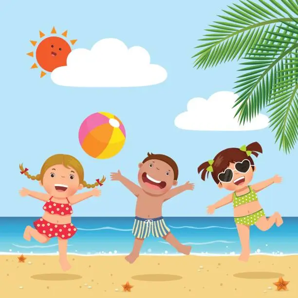 Vector illustration of Happy kids jumping on the beach