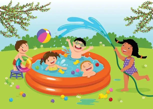 Vector illustration of Joyful kids playing in inflatable pool in the backyard