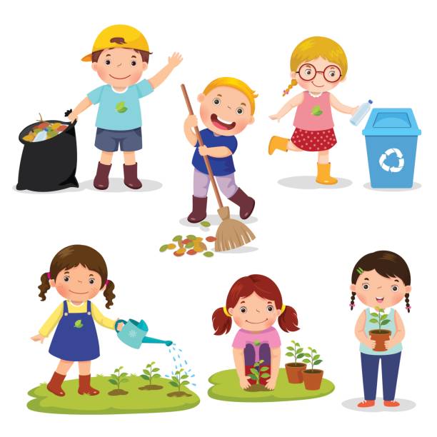 Set of cute kids volunteers Set of cute kids volunteers. Save Earth. Waste recycling. Girls planted and watering young trees. Kids gathering garbage and plastic waste for recycling. expressing positivity park environment nature stock illustrations